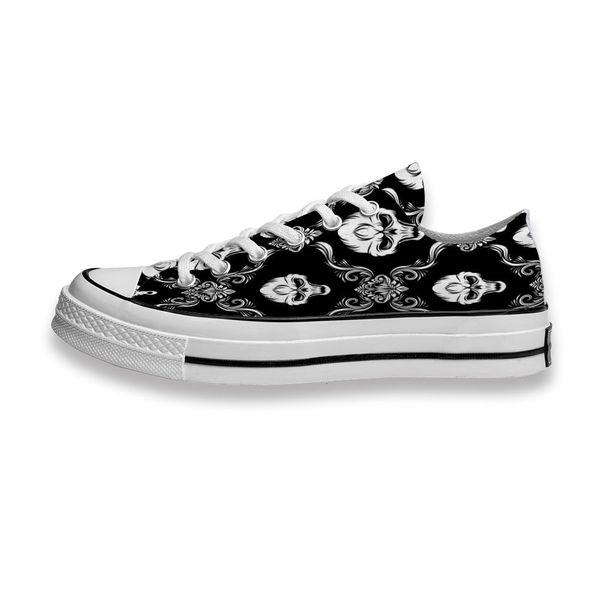 

custom printed sho black white skull ilstration sneakers low mens womens skateboard sport footwear diy trainers canvas casual