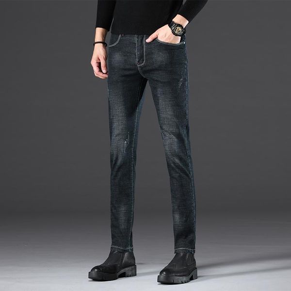 

men's jeans autumn winter men jean casual office fit black zipper stretch male pencil pant skinny toursers for man, Blue