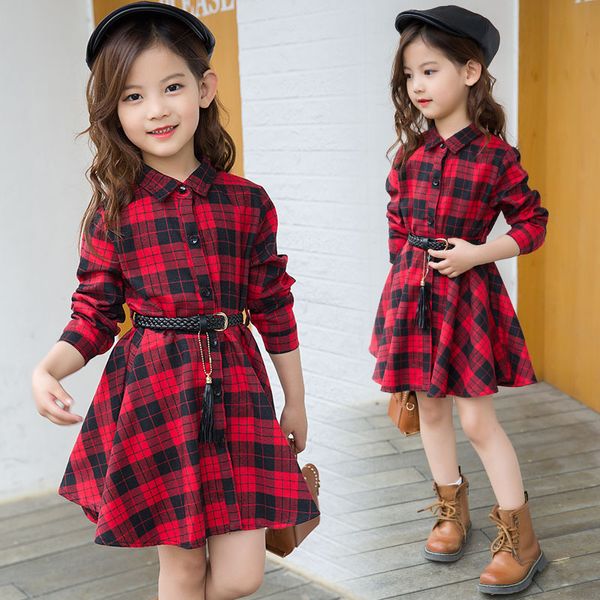 Kinderrock Neues langärmliges kariertes Kleid für Mädchen für den Herbst CUHK Prinzessinnenrock aus reiner Baumwolle mit Taille im koreanischen Stil