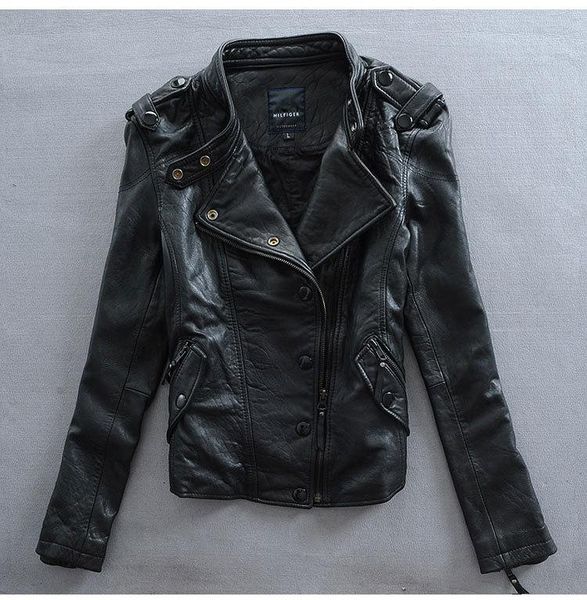 

women's leather & faux factory 2021 women slim cool punk style genuine imported 100% real goat skin jackets korea outwear, Black