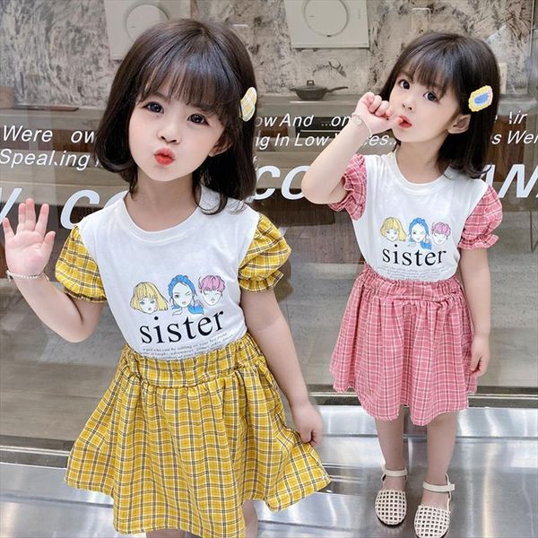 

t shirt children plaid skirt printing short sleeve suit of the girls, White