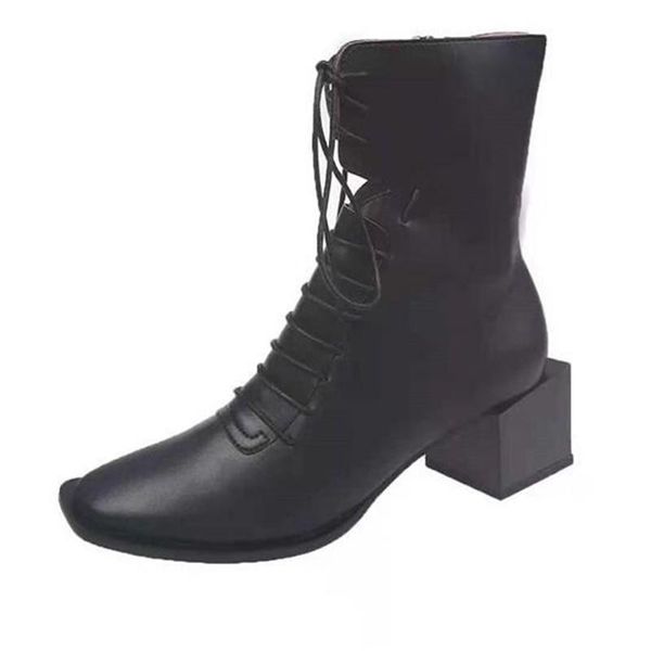 

boots style warm women winter ladies ankle personality design fashion square heel hollow shaft, Black
