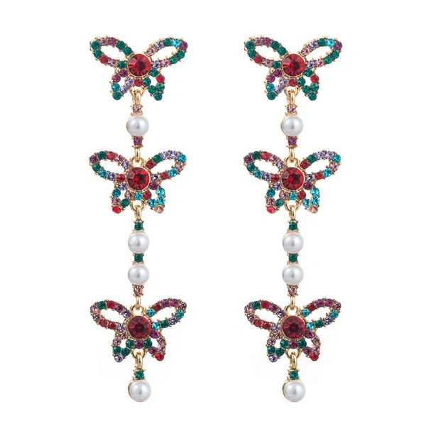 

trendy colorful crystal butterfly dangle earrings multi layer imitation pearl long drop earrings girl ear jewelry, Silver
