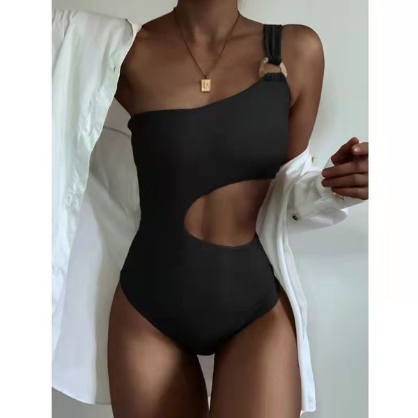 

solid 2021 piece women' waist one shoulder two color swimsuit, Red;black