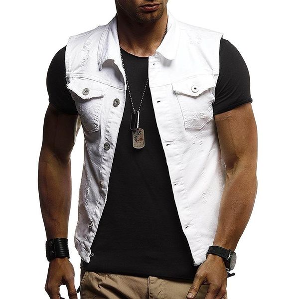 

men's vests fashionable sleeveless denim water washed worn vest, Black;white