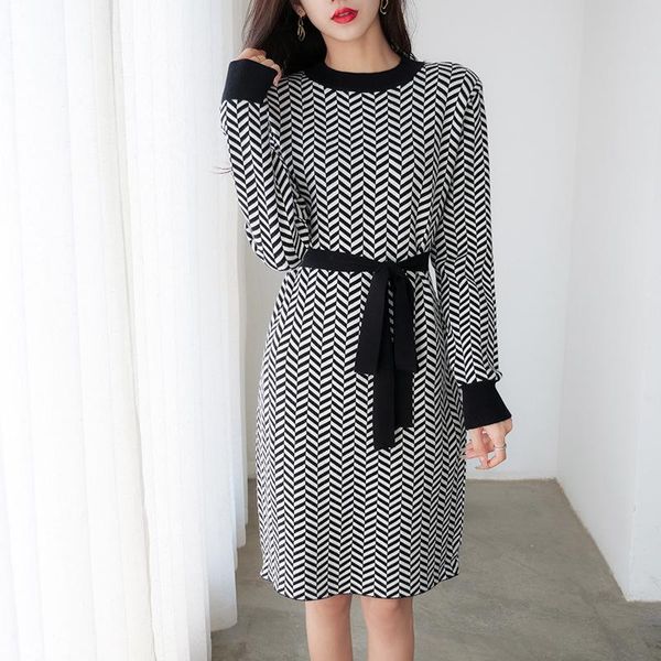 

casual dresses bethquenoy black lacing o-neck for women 2021 autumn clothing stripes midi dress vestidos elegantes para mujer, Black;gray