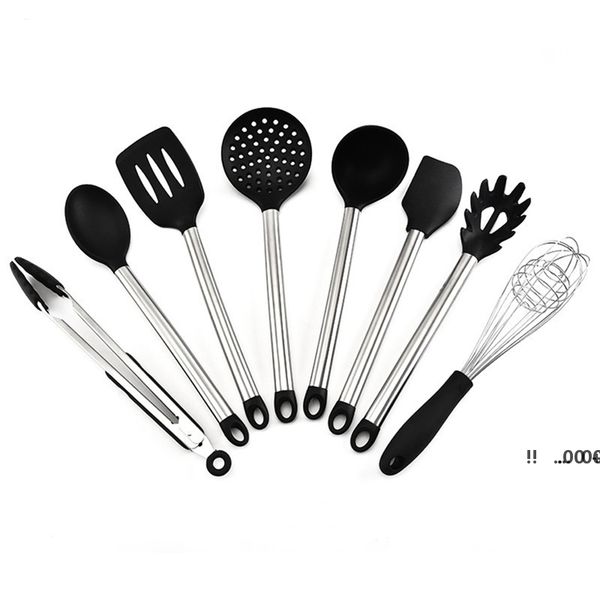 New8PCS / Set Silicone Cooking Utensílios com alça de aço inoxidável Nonstick Resistente ao calor Gadgets Cookware Spatula Ewe5709