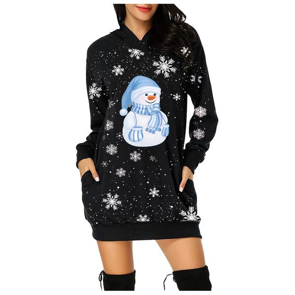 

2021 christmas print mid-length pocket hoodie long sleeve sweater women, Black