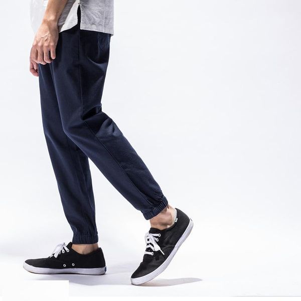 

mens linen cotton capri pants summer lightweight slim leg casual men elastic jogger trousers designer pt-192 men's, Black