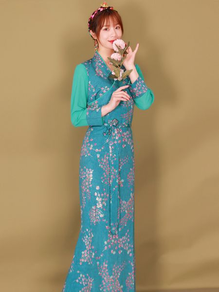 Tibetan Cheongsam платье женщины старинные халат традиционные этнические одежды Tibet костюм элегантный лето одежда шелковый восточный халат