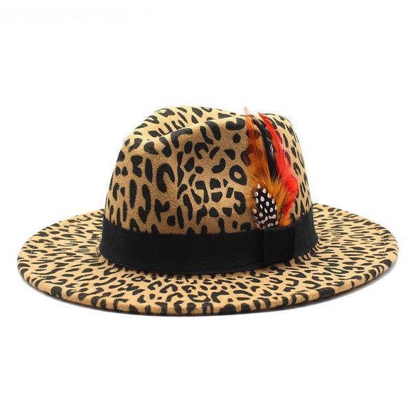 

wide brim hats autumn winter british style men women patchwork leopard print jazz panama woolen felt fedora hat with top, Blue;gray