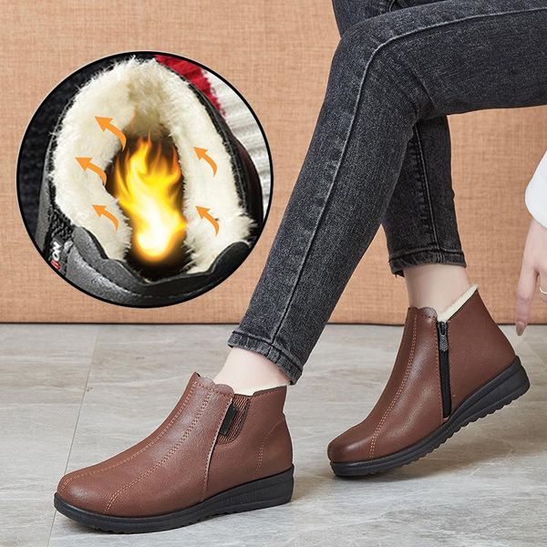 

boots snow shoes women warm flock round toe flat with elastic side zip female chaussures winter soft bottom mother casual, Black