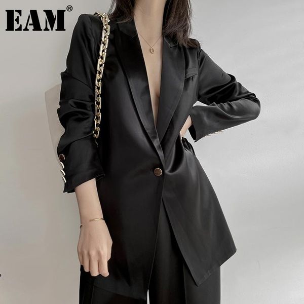 

women's suits & blazers [eam] women black silky single button blazer lapel long sleeve loose fit jacket fashion tide spring autumn 2021, White;black