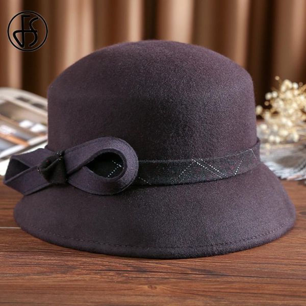 

stingy brim hats fs korean wool felt dome fedora for women autumn winter cloche hat fedoras bucket bowler cap rope bowknot, Blue;gray