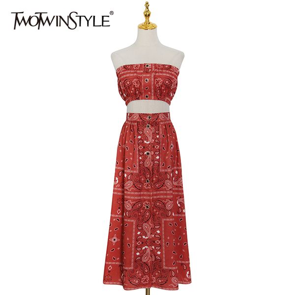

red two piece set for women slash neck sleeveless vests high waist a line mid skirts print sets female clothes 210428, White
