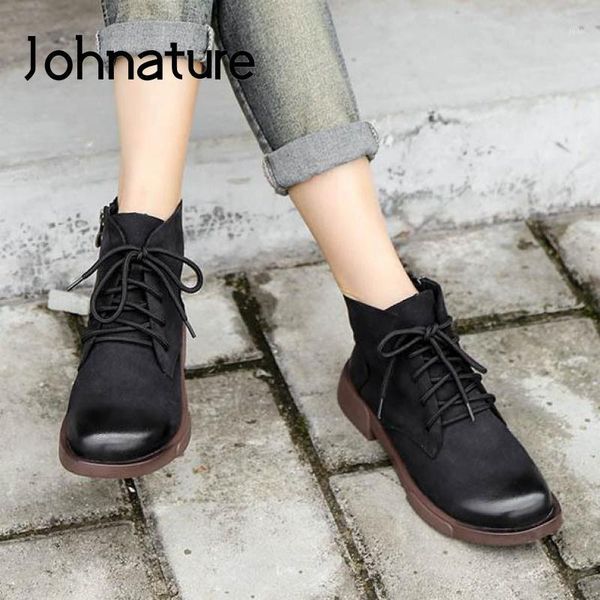 

boots johnature winter women 2021 ladies shoes genuine leather zip round toe concise handmade leisure casual platform1, Black