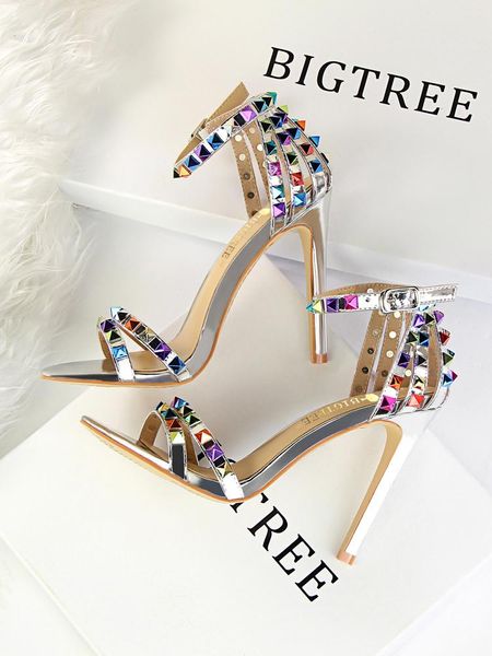 

dress shoes the united states summer slim roman wind women's 2021 fashion stiletto high heel rivet word with sandals, Black