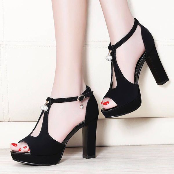 

shoes woman summer fashion solid rhinestone square heels casual platform fish mouth party high heel 2021feb14 sandals, Black