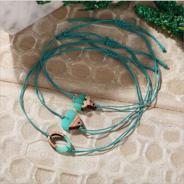 

creative retro simple peacock green braided rope wood push-pull bracelet with heart/oval/cactus connector adjustable 33.6cm long charm brace, Golden;silver