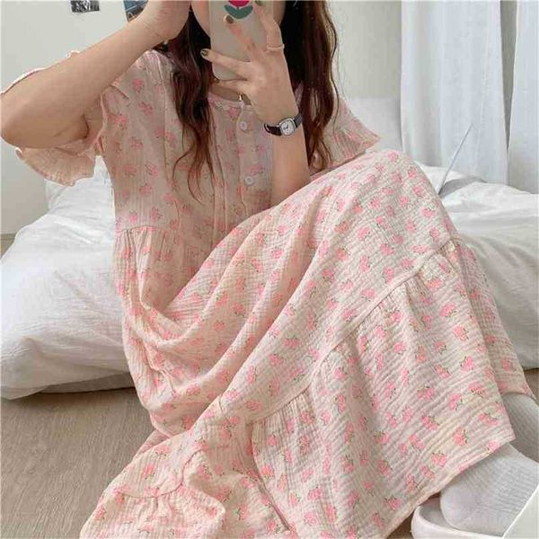 Impressão de verão Pink Longo SleepsDress Pijama Floral Redondo Pescoço Mulheres Casual Loose Doce Homewear Algodão 210525