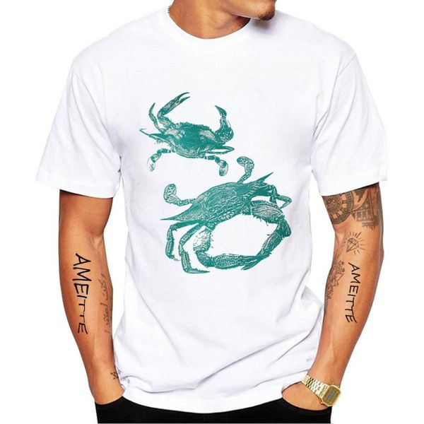 

men's t-shirts summer fashion short sleeve crab teal - hand printed t-shirt funny animal design casual hip hop boy white tees, White;black