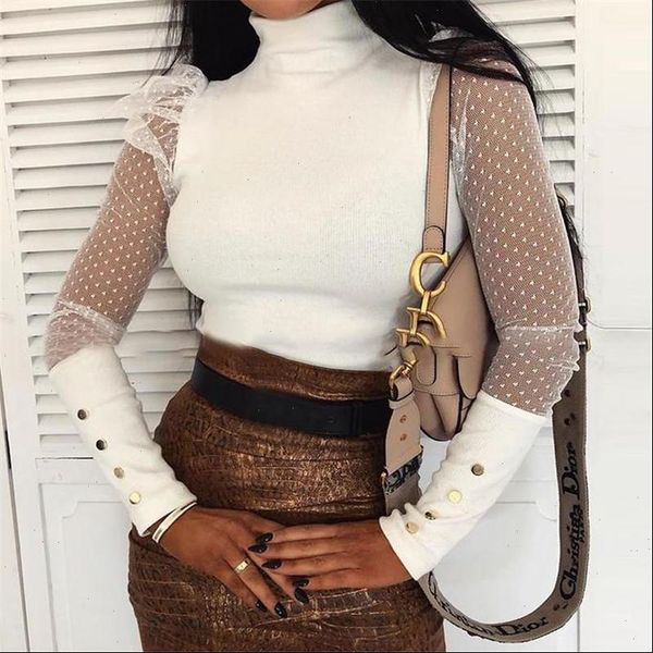 

womens sweater ladies elegant sheer puff long sleeve polka dot office turtleneck streetwear sweaters two colors, White;black
