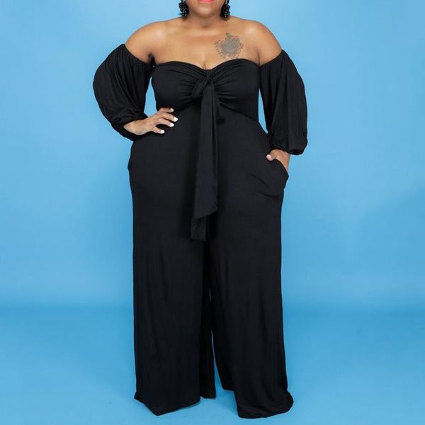 

plus size pants one piece autumn fashion tube solid color large women's jumpsuit wide leg casual loose, Black