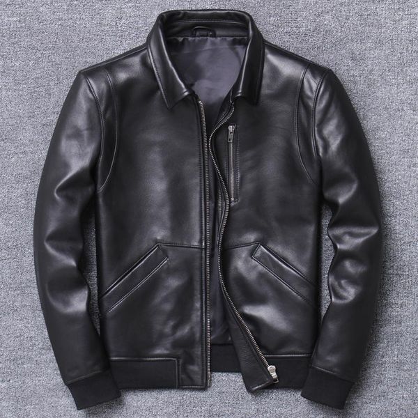 

men's leather & faux haining genuine clothing sheep lapel flight serve jacket leisure time short fund single skin, Black