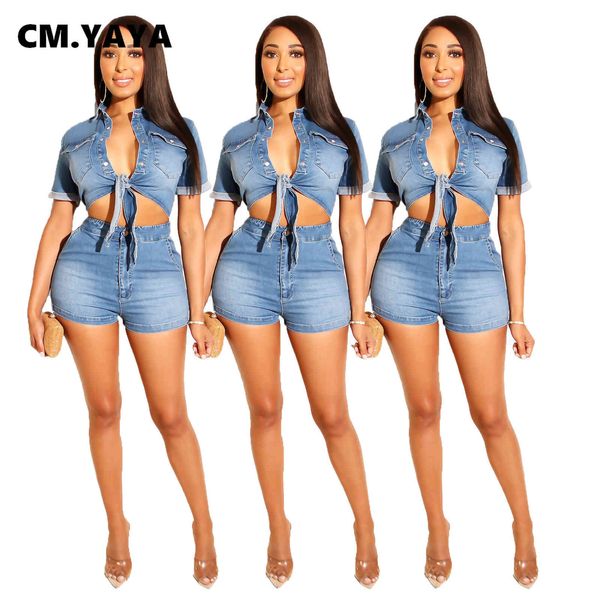 CM.YAYA женщин джинсовые наборы с коротким рукавом одиночные грубоукладные судорожные вершины ZIP-оболочки эластичные короткие брюки 2 частей набор Streetwear X0428
