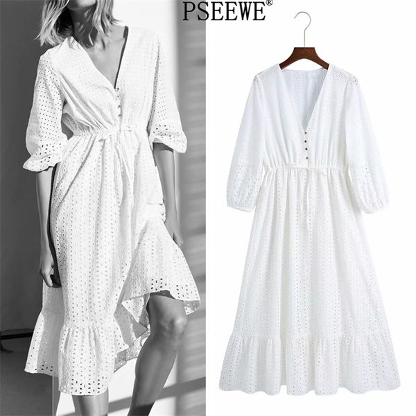 

cutwork embroidery white midi dress women elegant puff sleeve long es woman casual cottagecore fairy 210519, Black;gray