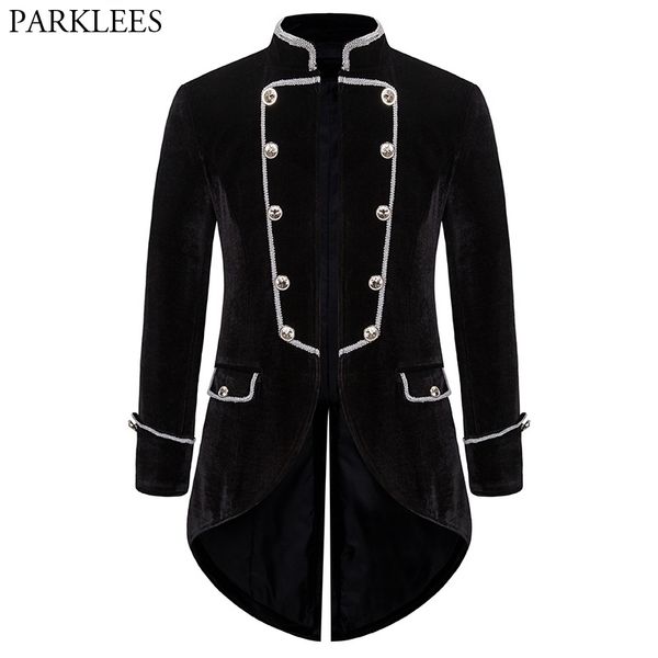 Siyah Ortaçağ Gotik Kadife Tailcoat Erkekler Steampunk Coat Ceket Erkek Korsan Rönesans Örgün Victoria Smokin Mont Erkek 2XL 210522