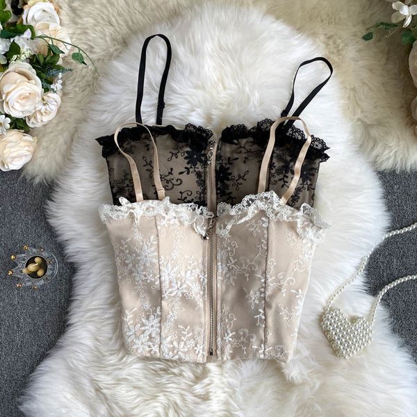

singreiny chic embroidered y2k women chic zipper sleeveless lace short camisole summer off shoulder slim strap tank 210419, White