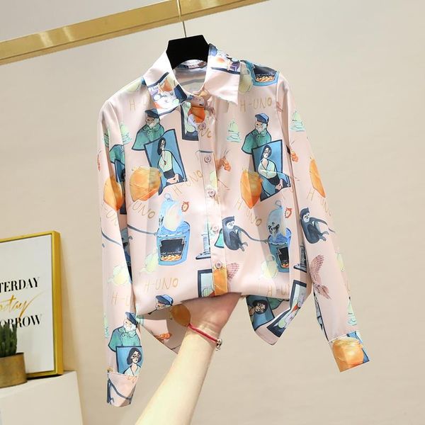 

finny print shirts for women camisa de mujer turn-down collar button up shirt ladies korean fashion long sleeve women's blouses &, White