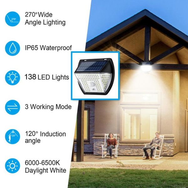 

outdoor wall lamps 138 leds 3 modes solar sensor waterproof power lamp wide angle light suitable for garden street