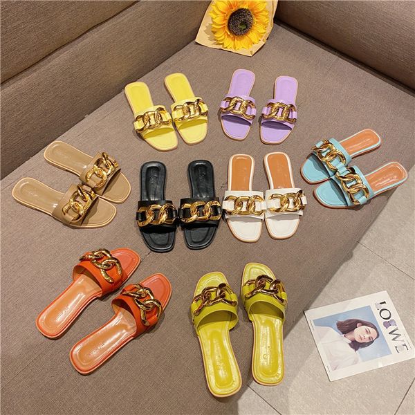 

large bottom summer women's slippers big chain candy color metal button flat heel beach sandals, Black