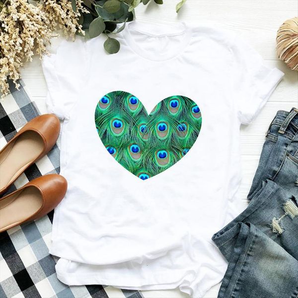 

peacock feather heart printed women t shirts short sleeve clothes graphic, White