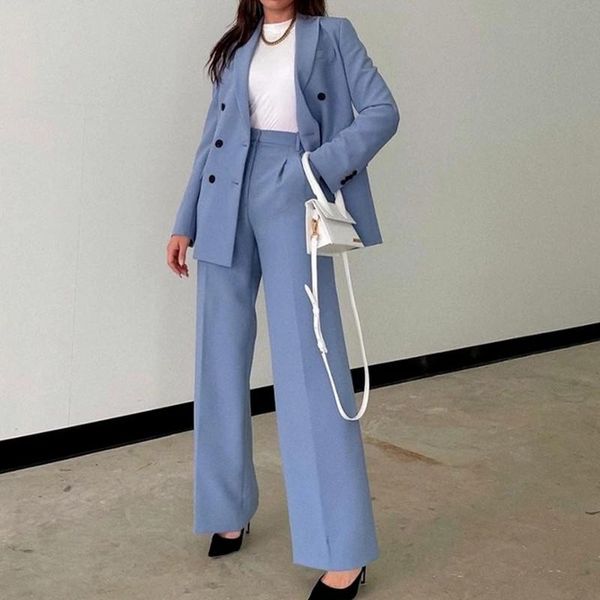 

women's two piece pants 2021 spring two-piece set suit blue double breasted blazer + casual straight trousers elegant fashion chic clot, White