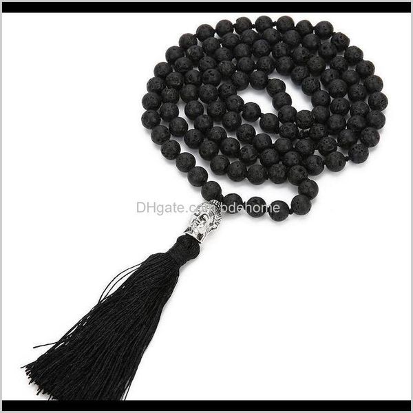 

beaded necklaces & pendants drop delivery 2021 boho lava rock long tassel necklace diffuser essential oil black natural stone buddha beads s, Silver