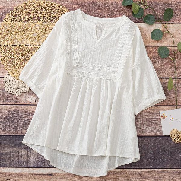 

women's blouses & shirts lace patchwork women white blouse summer design 2021 v-neck hollow out loose elegant office lady pulls outwear
