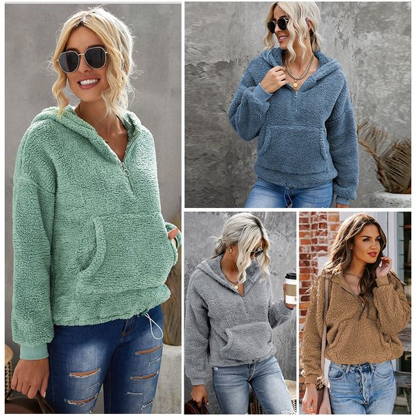 

winter solid fleece hoodie women's zipper neckline long sleeve 2537900, Black