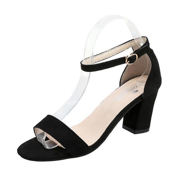 

sandals 2021 thick heel 7 cm 5 women summer wild large size high mid-heel buckle open toe flock pumps shoes, Black
