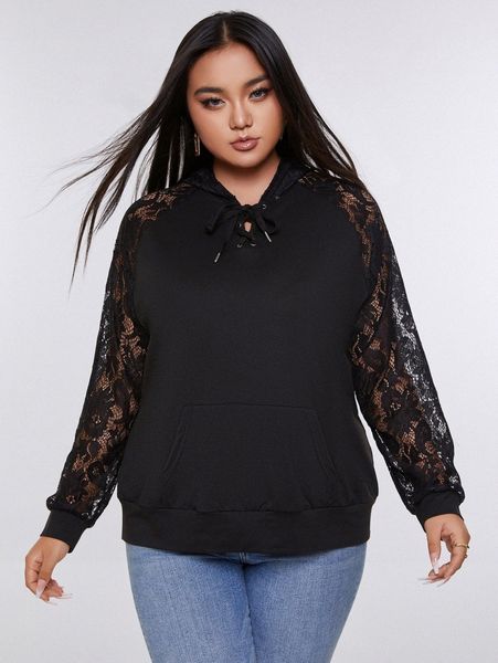 

plus lace-up front guipure lace raglan sleeve hoodie m68o#, Black