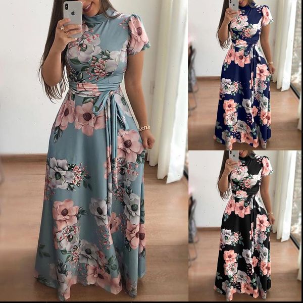 

summer casual short sleeve long womens dresses boho floral print maxi turtleneck bandage elegant vestido, Black;gray