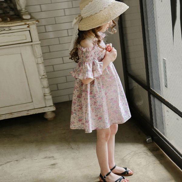 

summer girl fashion shoulderless dress 2022 baby girls casual clothes kids half sleeve clothing girls sling flower party dresses, Red;yellow
