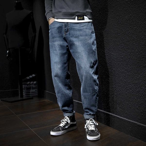 

new young men students fashion streetwear design demin male loose blue jeans hombre x0621