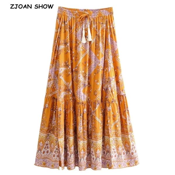 

bohemian orange floral print long skirt boho holiday women stitching pleated lacing up stream waist floor length skirts 210429, Black