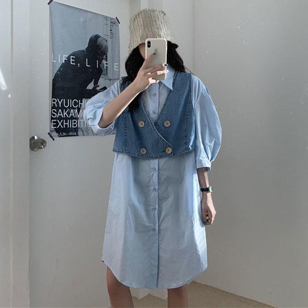 

summer women two pieces sets double breasted short jeans vest + medium-long blouse dress korean causal suits cotton straight casual dresses, Black;gray