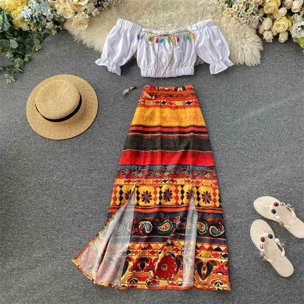 

summer women's sets holiday style tassel neckline short print all-match skirt casual female qx958 210507, White