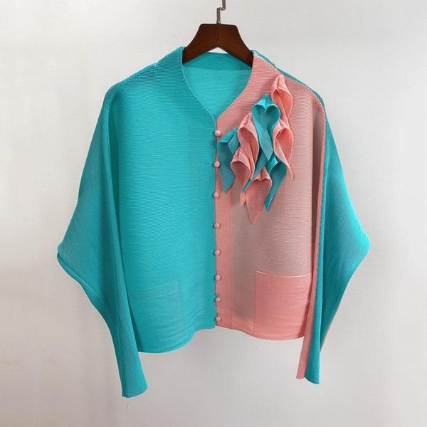 

women's jackets sondr full sleeve single breasted short coat 2021 summer fashion woman pleated jacket hit color tie flowers design, Black;brown