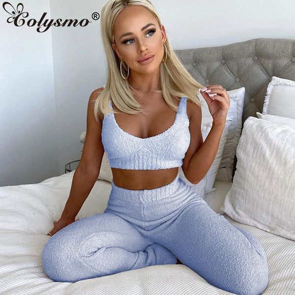 

colysmo crop pencil pants 2 piece sets women autumn sleeveless loungewear solid color long trousers two set 2021 women's tracksuits, Gray
